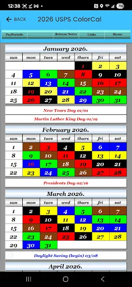 2026 ColorCal USPS Calendar Application Screenshots